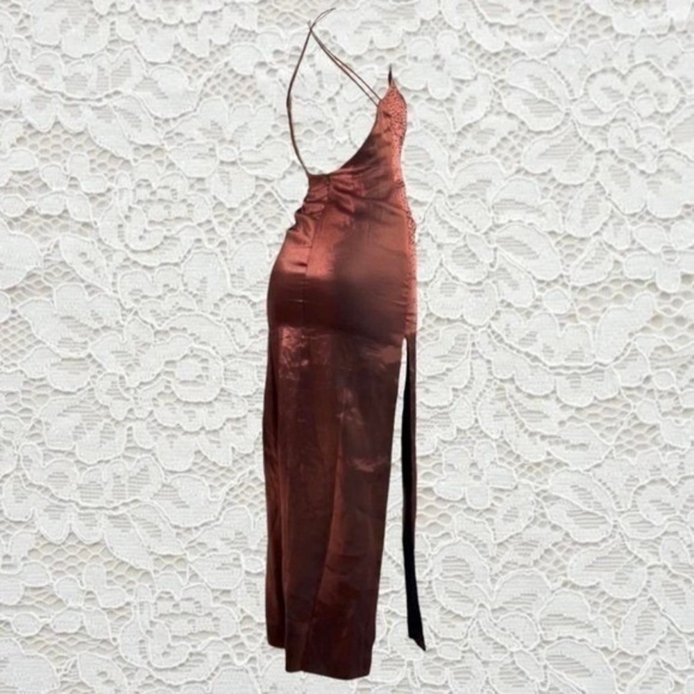 vintage orange metallic beaded evening maxi dress with open back and side slit